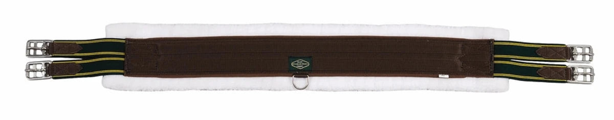 Synthetic Fleece Girth - Padded English Saddle Girth with Elastic Ends and Roller Buckles in brown with white fleece lining