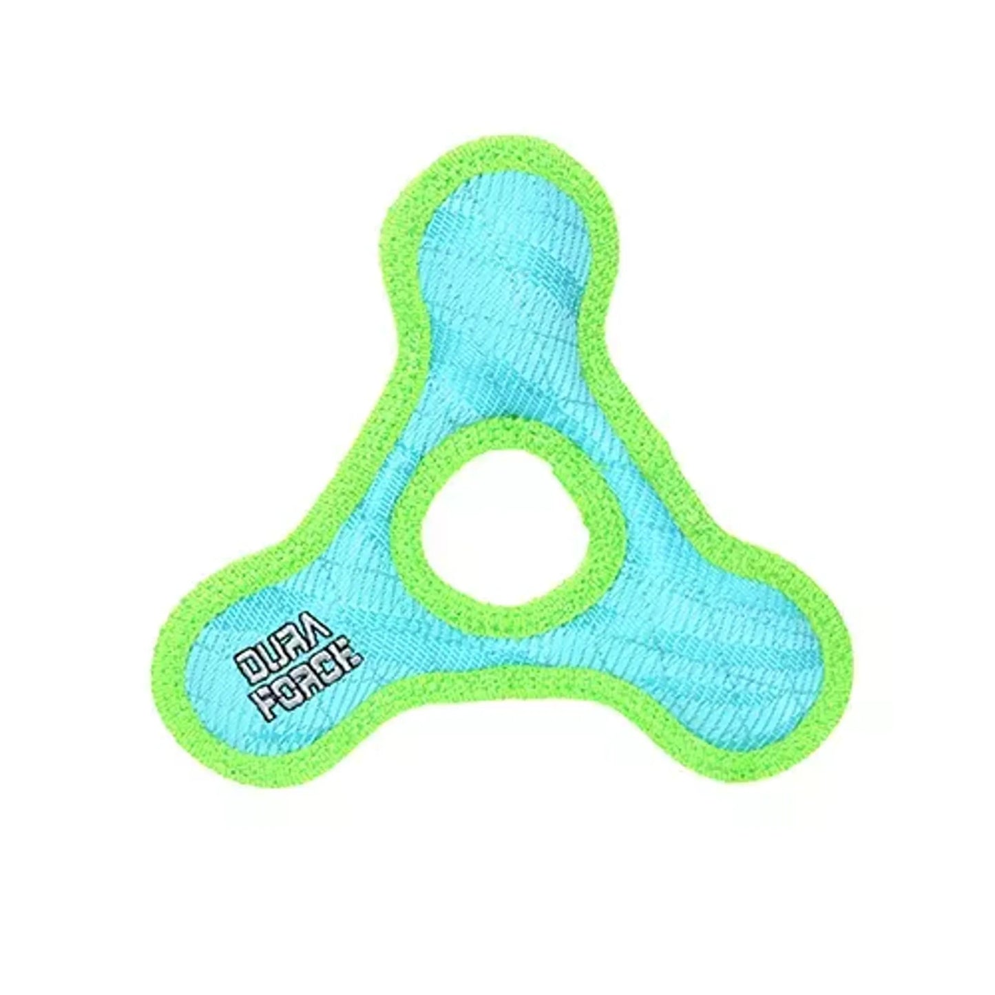 DuraForce Jr TriangleRing Tiger dog toy in blue with green trim, durable fabric for aggressive chewers and pet play.