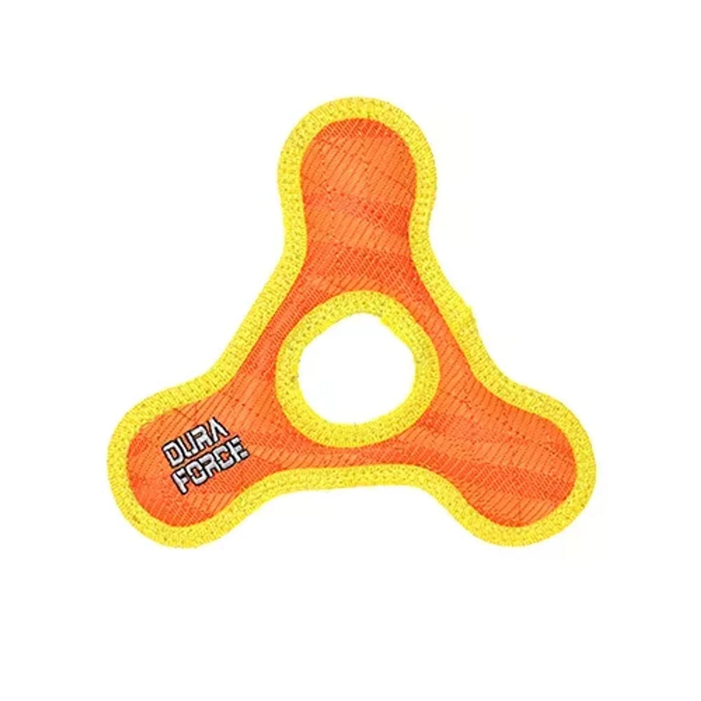 DuraForce Jr TriangleRing Tiger orange and yellow durable dog toy with three-point design for active play and chewing.
