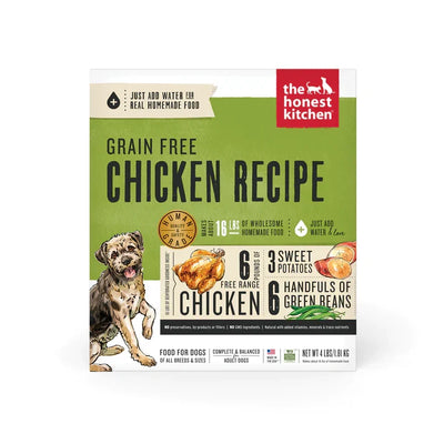 Front of a green and white Honest Kitchen dog food box with a dog, chicken, sweet potatoes, and green beans.