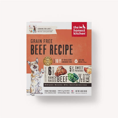 The Honest Kitchen Grain Free Beef Recipe dog food box shows a happy dog, ingredients, and product details.