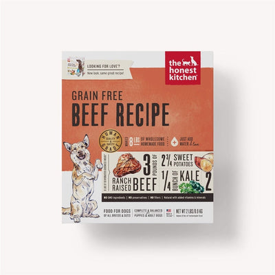 Front of The Honest Kitchen Grain-Free Beef Recipe dog food box, showing a happy dog, ingredients, and product details.