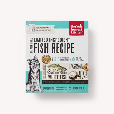 A 4 lb box of The Honest Kitchen Brave Limited Ingredient Fish Dehydrated Dog Food, featuring a husky and ingredient details.