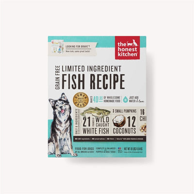 Front view of a 10lb bag of The Honest Kitchen Brave Limited Ingredient Fish Dehydrated Dog Food, featuring a husky and produ