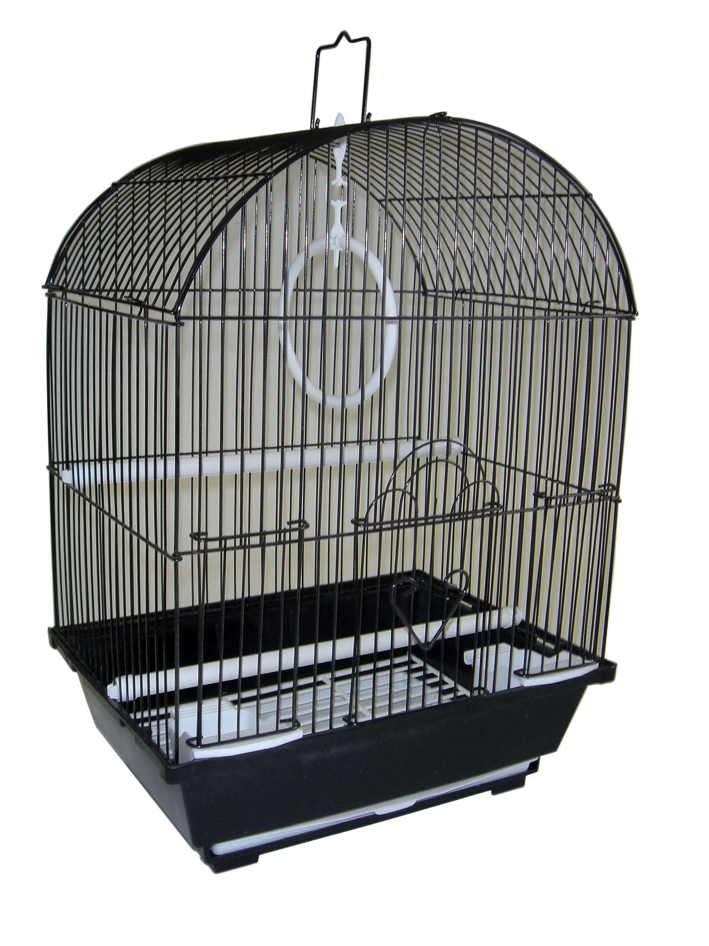 YML Round Top Style Parakeet Cage in black with curved top and white perches for small pet bird housing