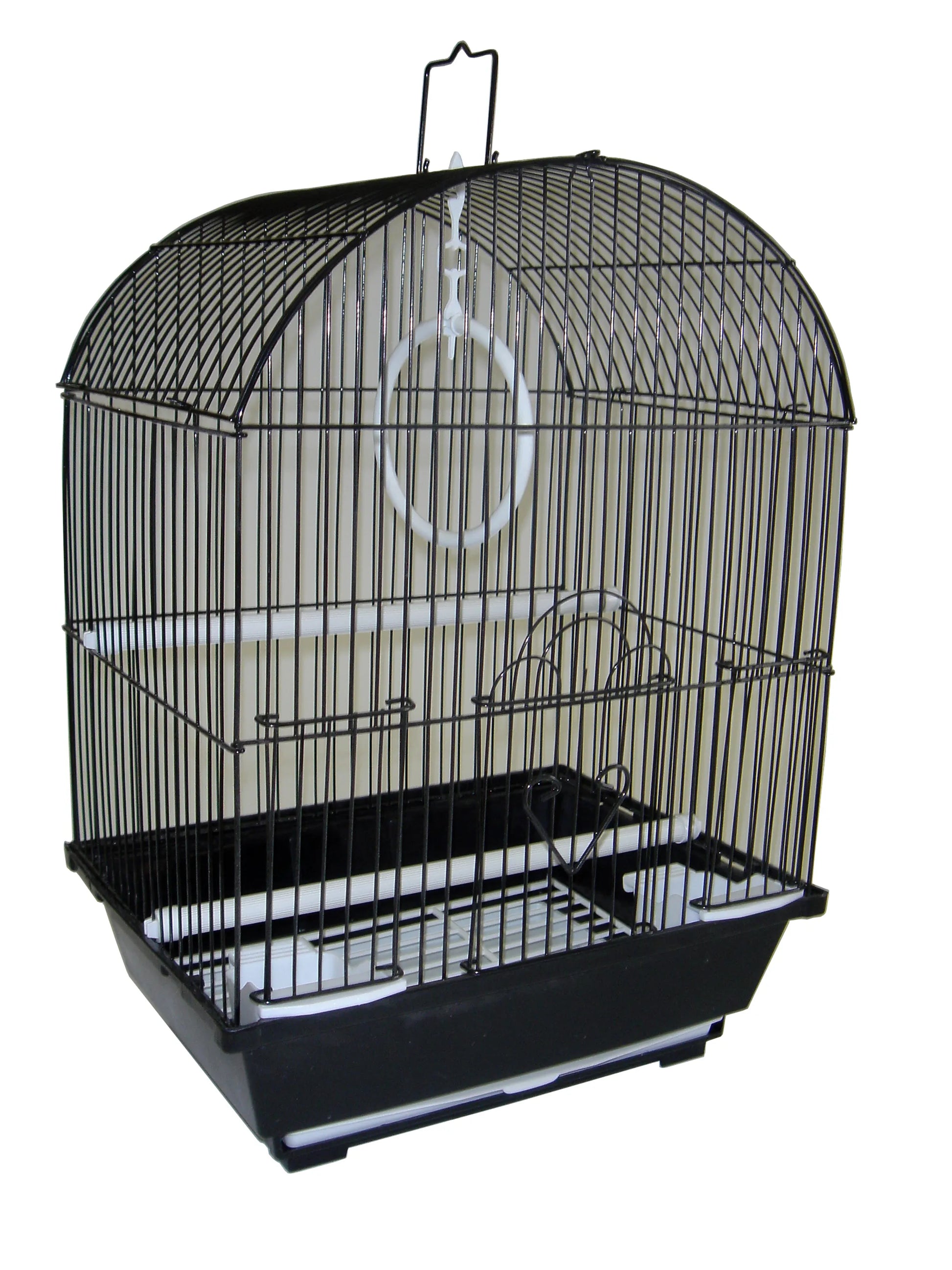 YML Round Top Style Parakeet Cage in black with curved top and white perches for small pet bird housing