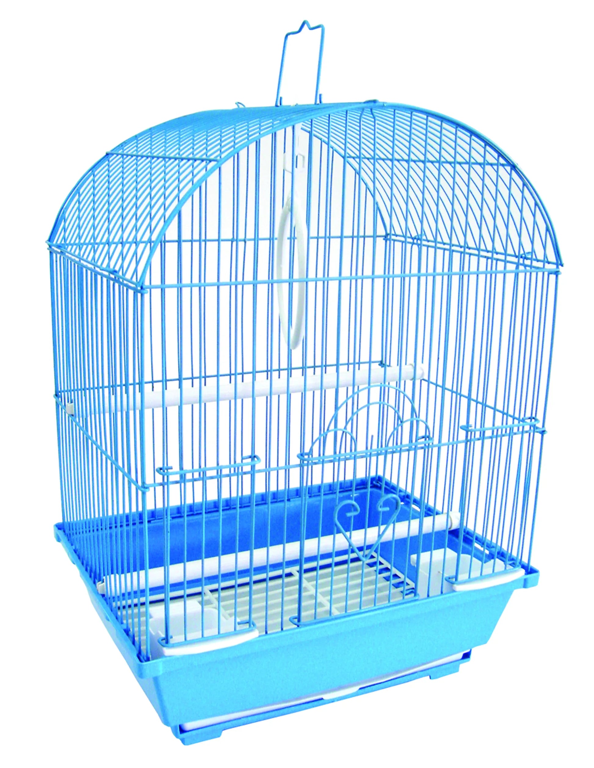 YML Round Top Style Parakeet Cage in blue with curved top, perches, and feeding trays for small pet supplies