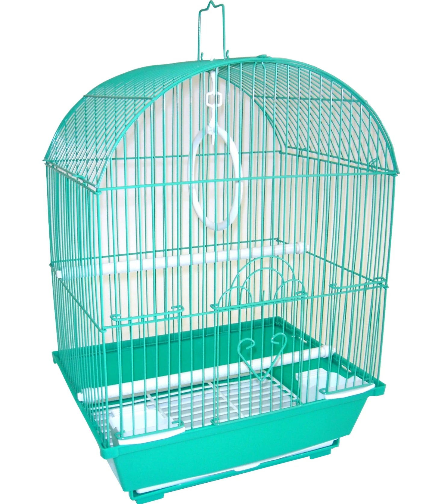 YML Round Top Style Parakeet Cage in green with arched wire top, perches, feeding cups, and hanging ring inside