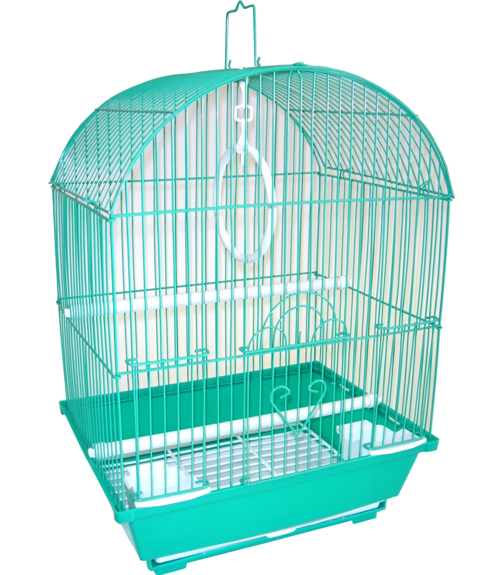YML Round Top Style Parakeet Cage in green with arched wire top, perches, feeding cups, and hanging ring inside