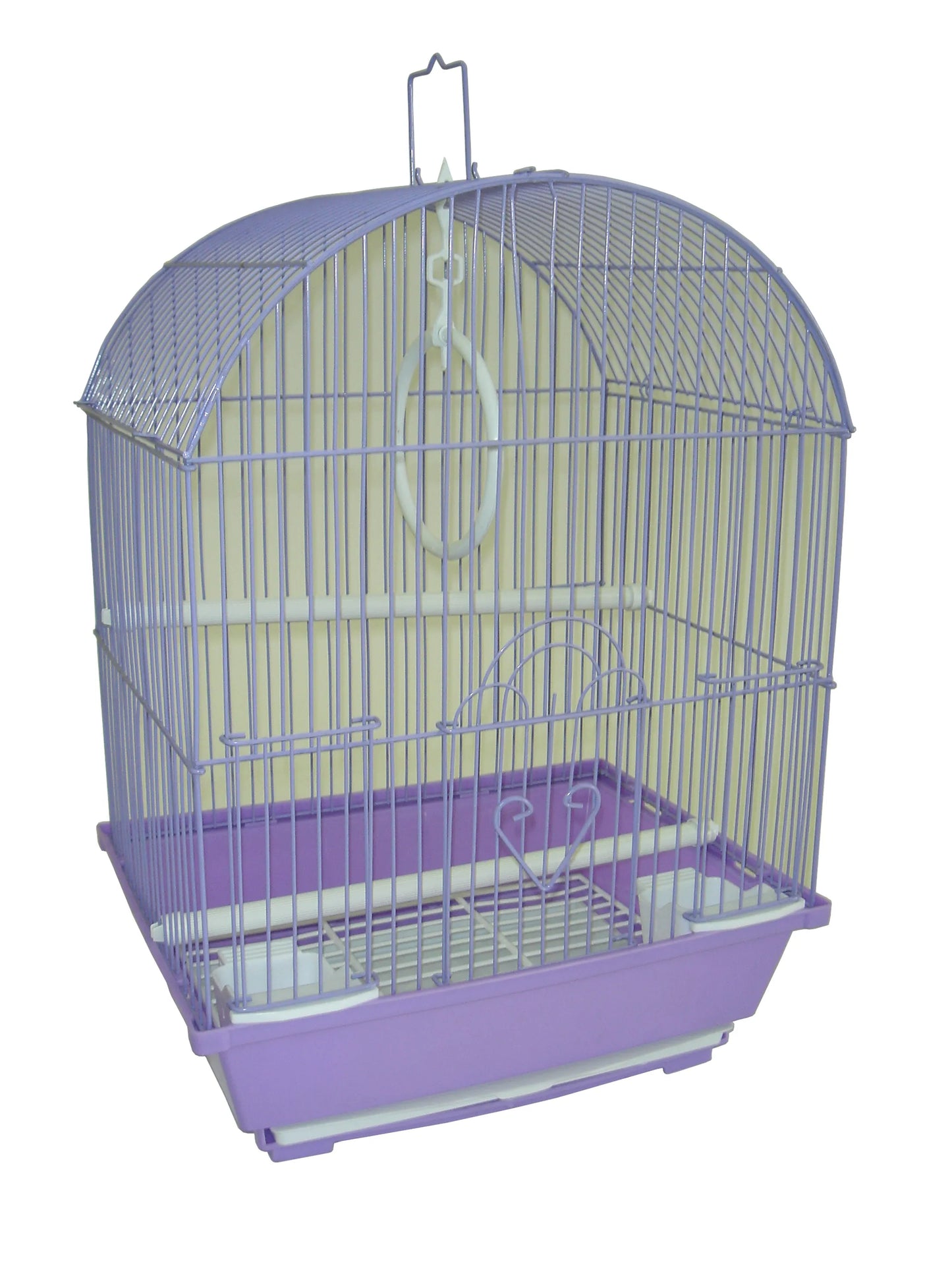 YML Round Top Style Parakeet Cage with purple base, white perches, and hanging ring for small birds indoors
