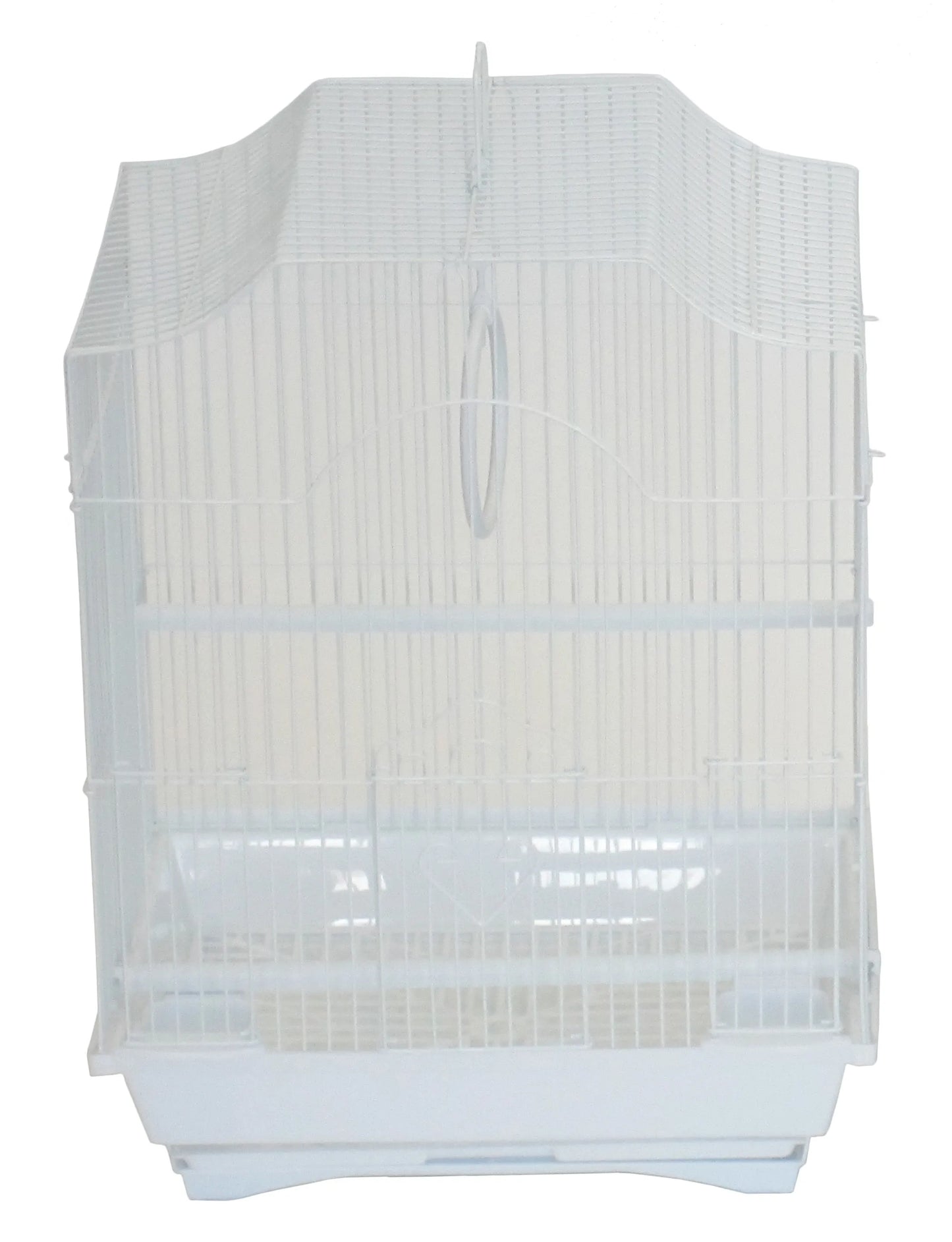 White wire bird cage with rounded top and removable bottom tray, YML Cornerless Flat Top Cage for pet supplies.
