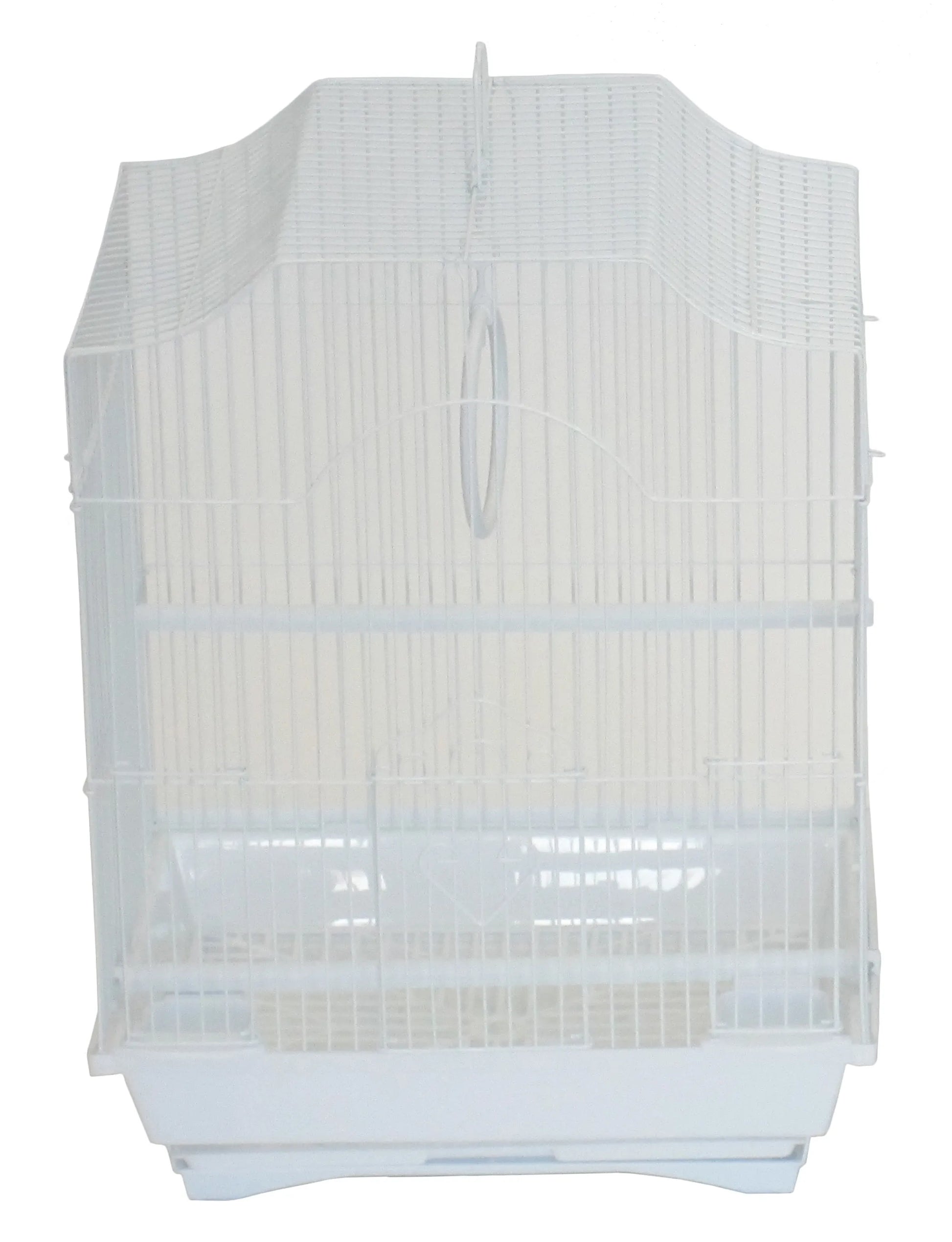 White wire bird cage with rounded top and removable bottom tray, YML Cornerless Flat Top Cage for pet supplies.