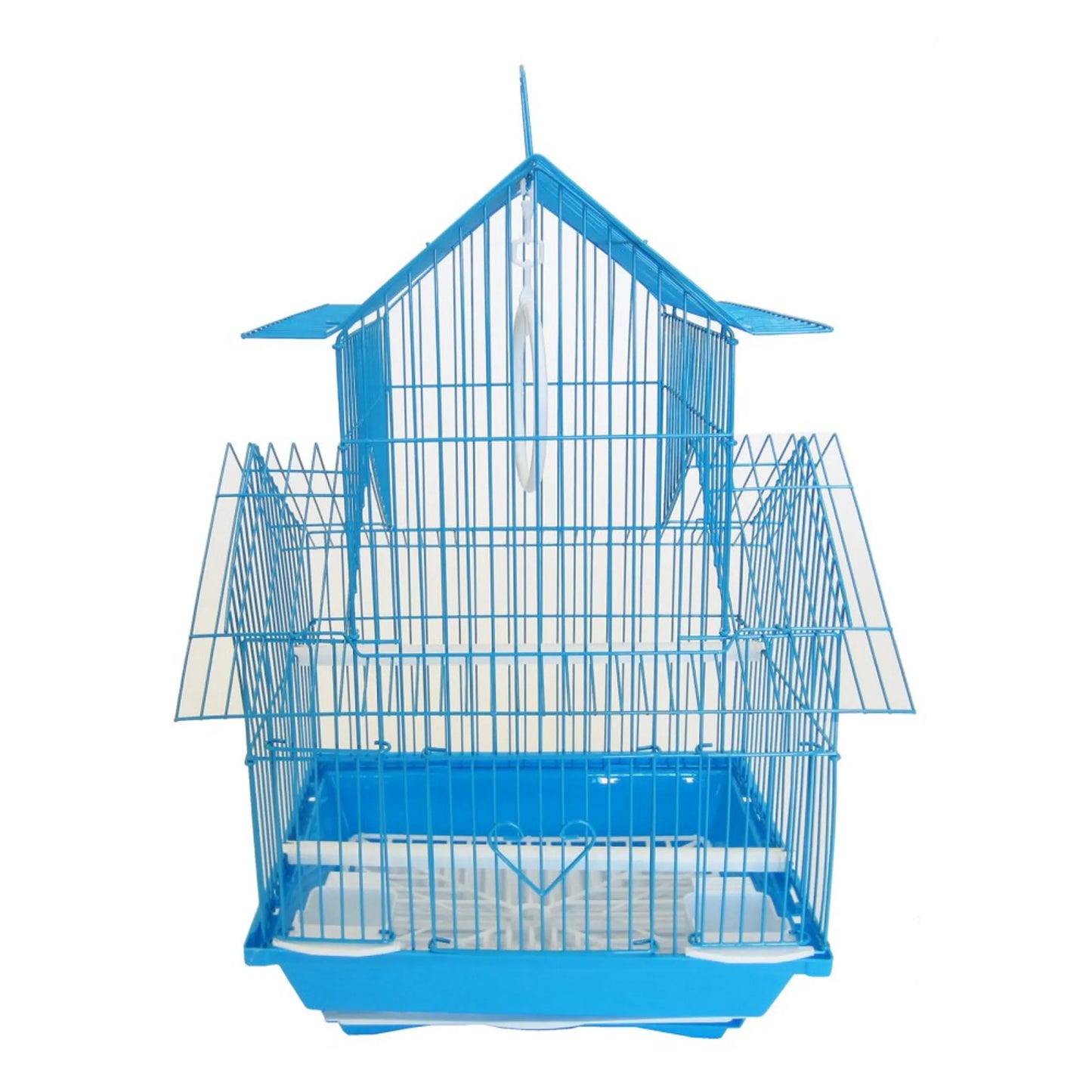 Blue metal wire birdcage with peaked roof and open doors, YML Villa Top Cage pet supplies product.