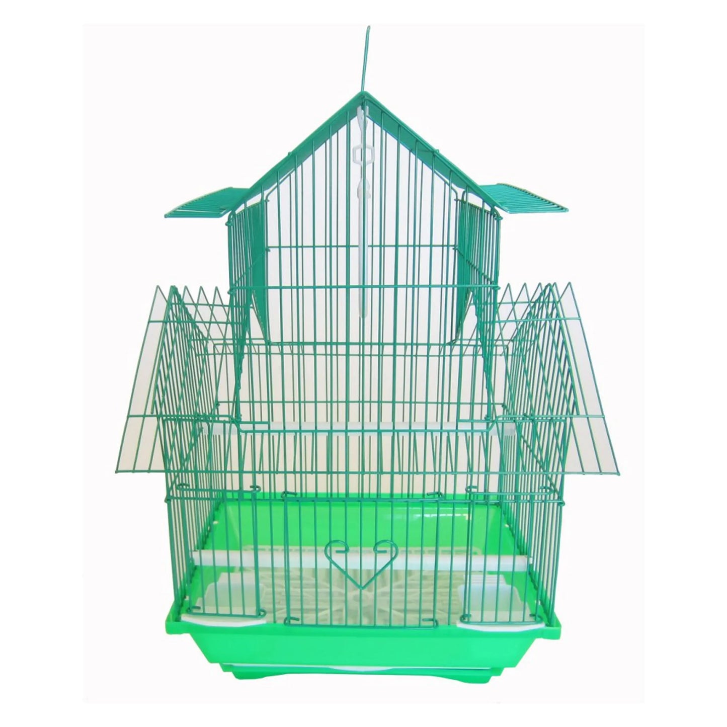 Green metal pet cage with open doors and plastic base, YML Villa Top Cage for small animals or birds.
