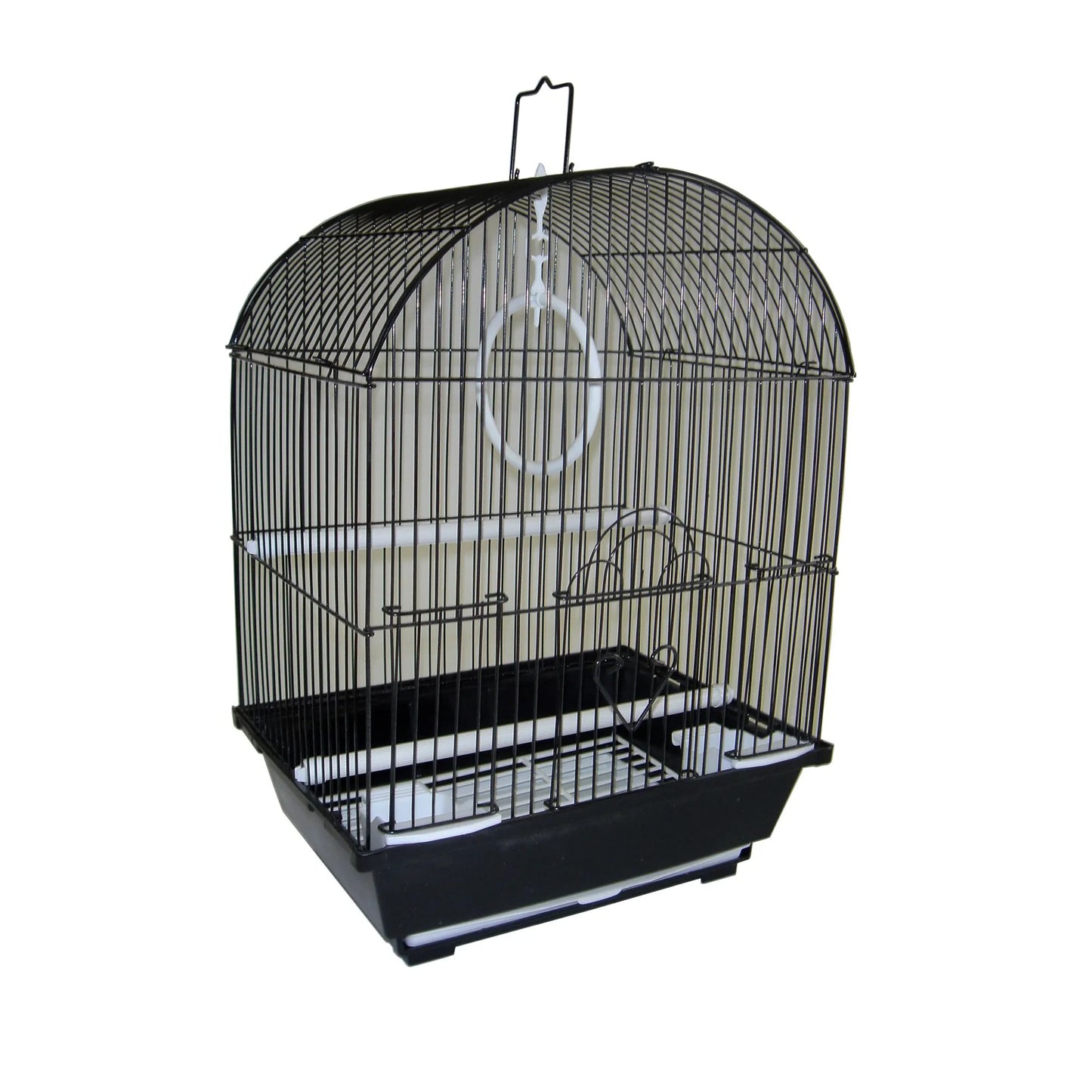 YML Round Top Style Parakeet Cage with black base and arched wire top, including perch and hanging ring inside