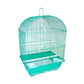 YML Round Top Style Parakeet Cage in green with plastic base, metal bars, perch, and hanging hook for birds.