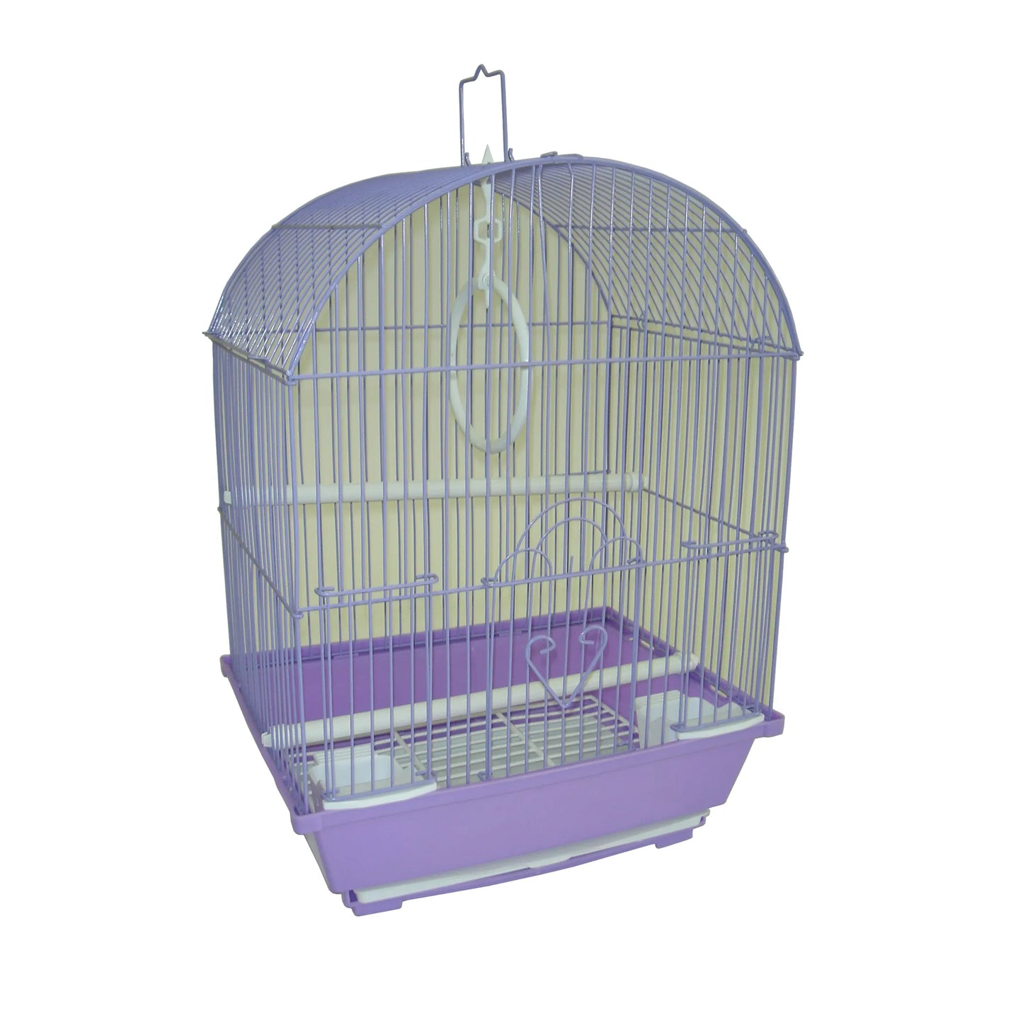 YML Round Top Style Parakeet Cage with purple base, metal wire frame, perch, and hanging bird toy inside