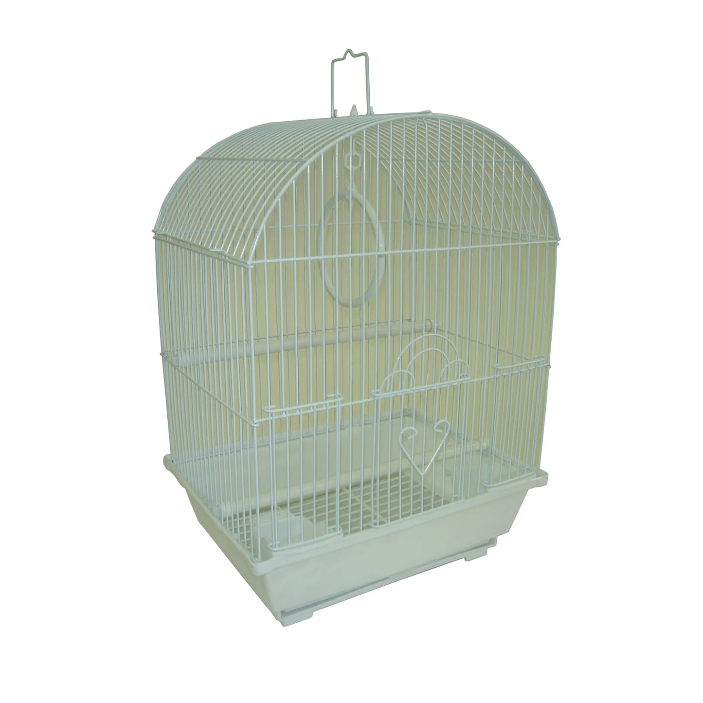 YML Round Top Style Parakeet Cage in white with curved top, feeder cups, and swing perch inside for small birds