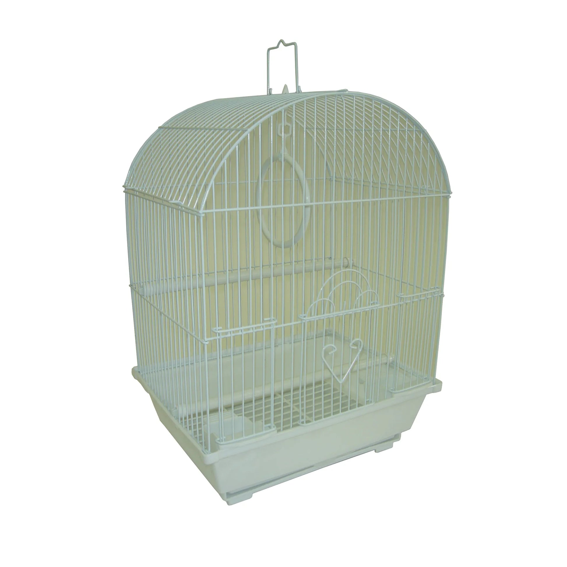 YML Round Top Style Parakeet Cage in white with curved top, feeding cups, and hanging hook for pet supplies.