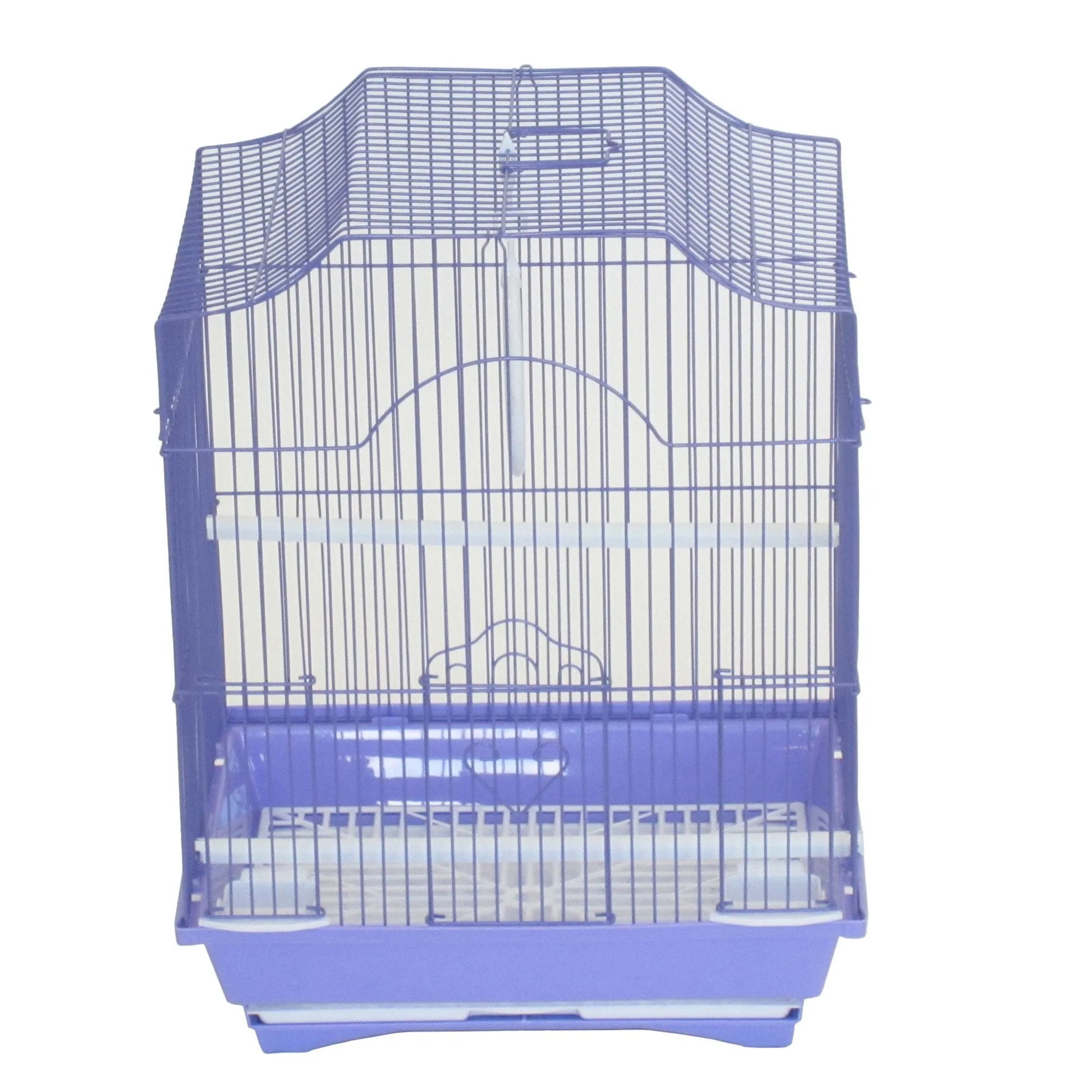 YML Cornerless Flat Top Cage in purple with two white perches and removable tray for easy cleaning