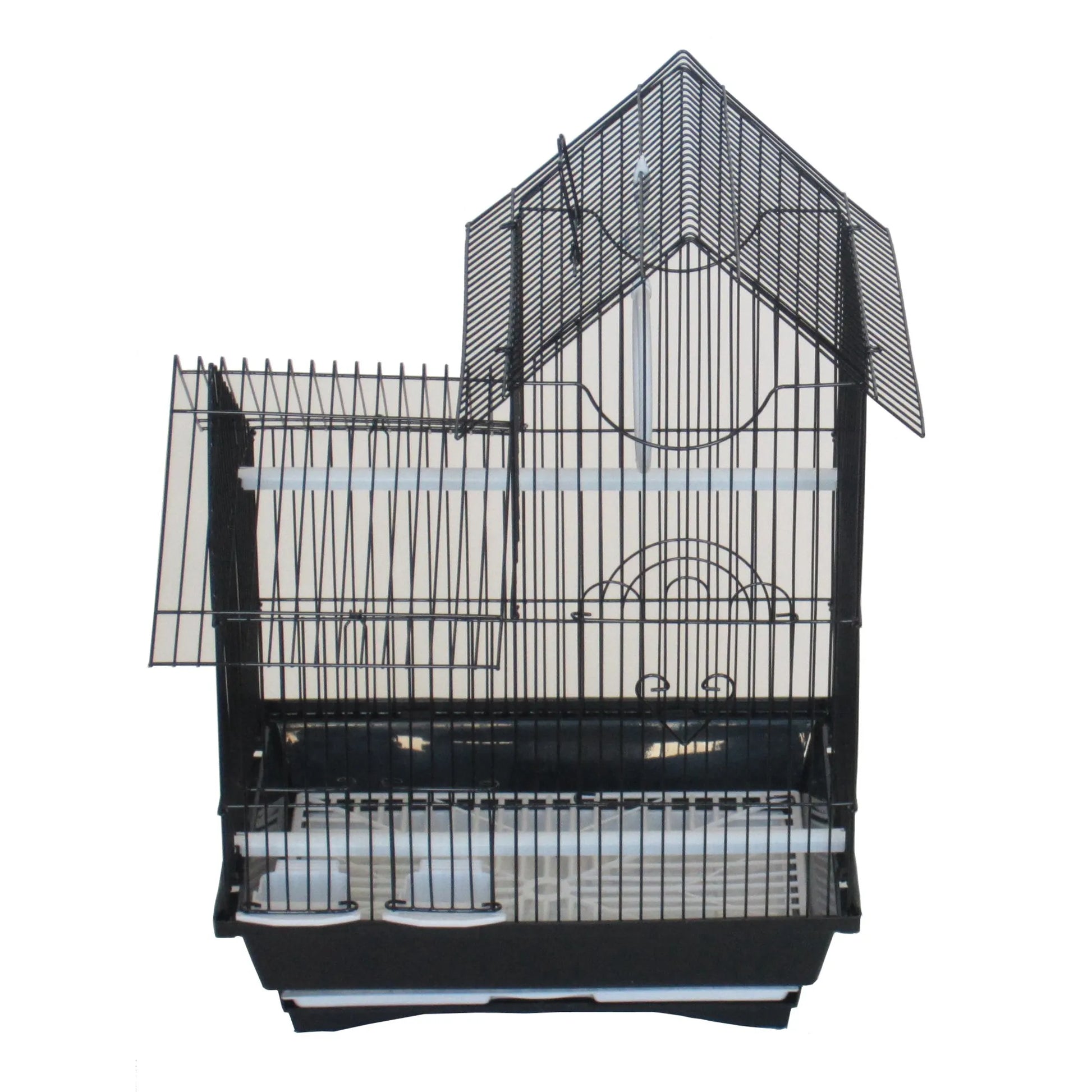 YML Villa Top Cage black metal birdcage with angled roof and removable bottom tray for bird supplies