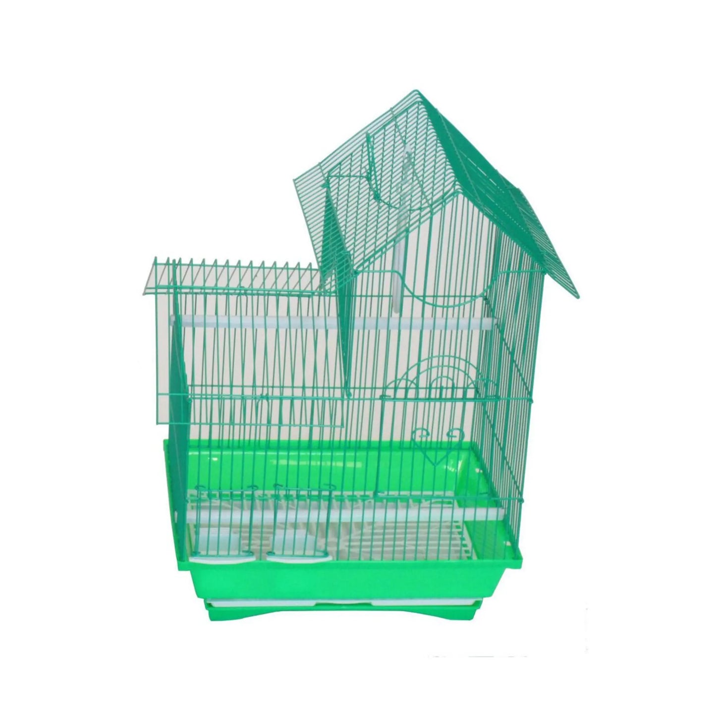 YML Villa Top Cage green wire birdcage with plastic base, roof, and perches for small pet supplies.