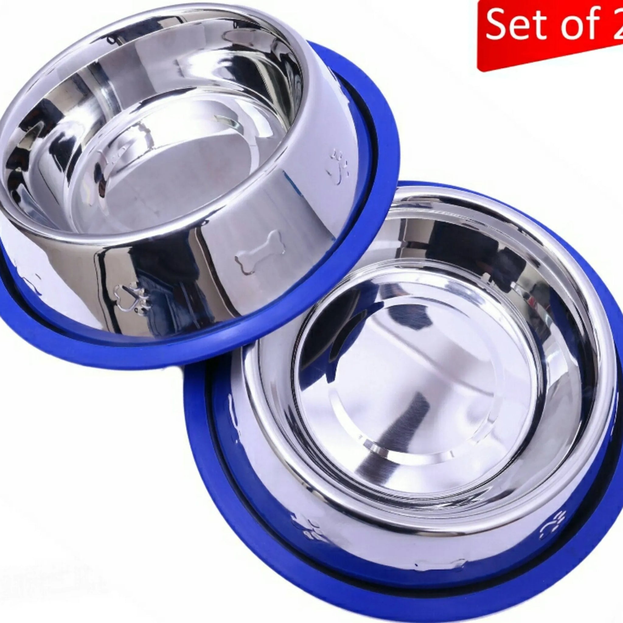 Etched Stainless Steel Dog Bowls with Blue Silicone Base