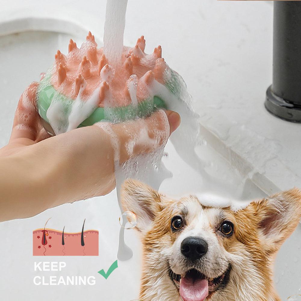 Dog Hugs Cat 2 - in - 1 Dog Bath Brush - Silicone Massage Brush with Shampoo Dispenser - Pets Perfect