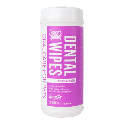 White container of Skout's Honor Dental Wipes with a purple label, angled slightly to the right.