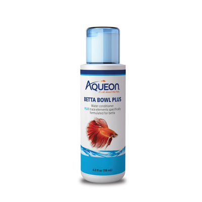 Aqueon Betta Bowl Plus conditioner bottle showing a red betta fish on the label