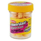 Powerbait (Trout Nugs) container with yellow lid and orange scent nuggets inside for fishing bait use