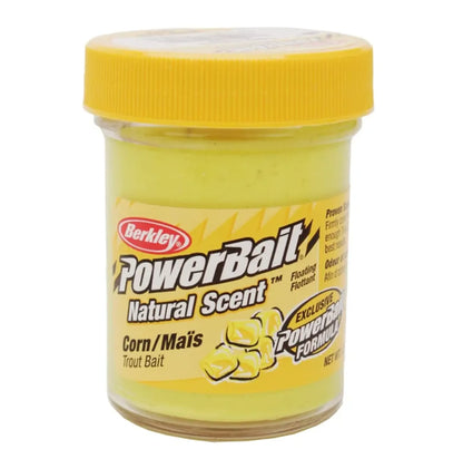 Jar of yellow fishing bait labeled Powerbait (Dough) Corn Natural Scent trout bait with a yellow lid