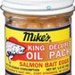 Glass jar of Mike's Salmon Eggs King Oil Deluxe Pack fishing bait with yellow label and white lid