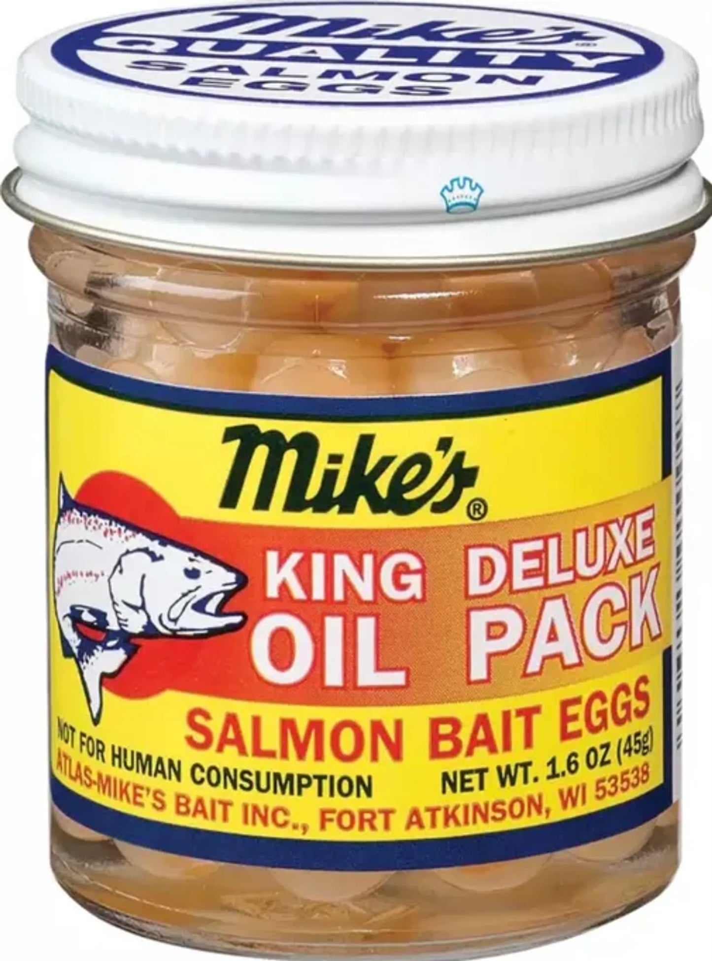 Glass jar of Mike's Salmon Eggs King Oil Deluxe Pack fishing bait with yellow label and white lid