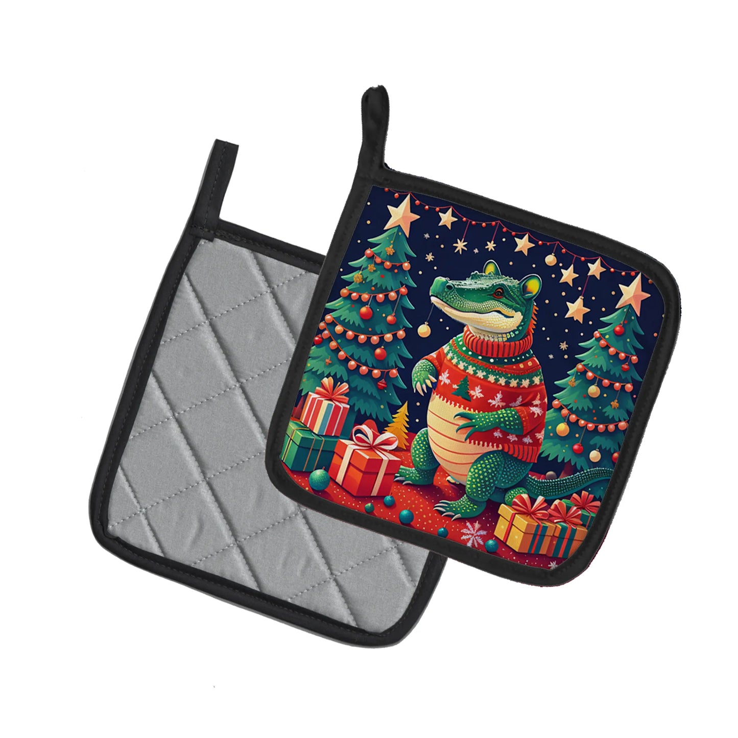 Alligator Christmas Pot Holders - Quilted Heat - Resistant Kitchen Set (7.5x7.5, Pair) - Pets Perfect