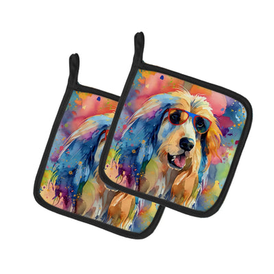 Hippie Dawg Pair of Pot Holders - 7.5HX7.5W, 194030812235/Afghan hound 2448