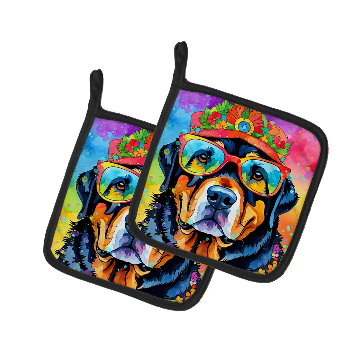 Hippie Dawg Pair of Pot Holders - Size: 7.5HX7.5W | Pack Of: 1 | Collection name: Hippie dawg