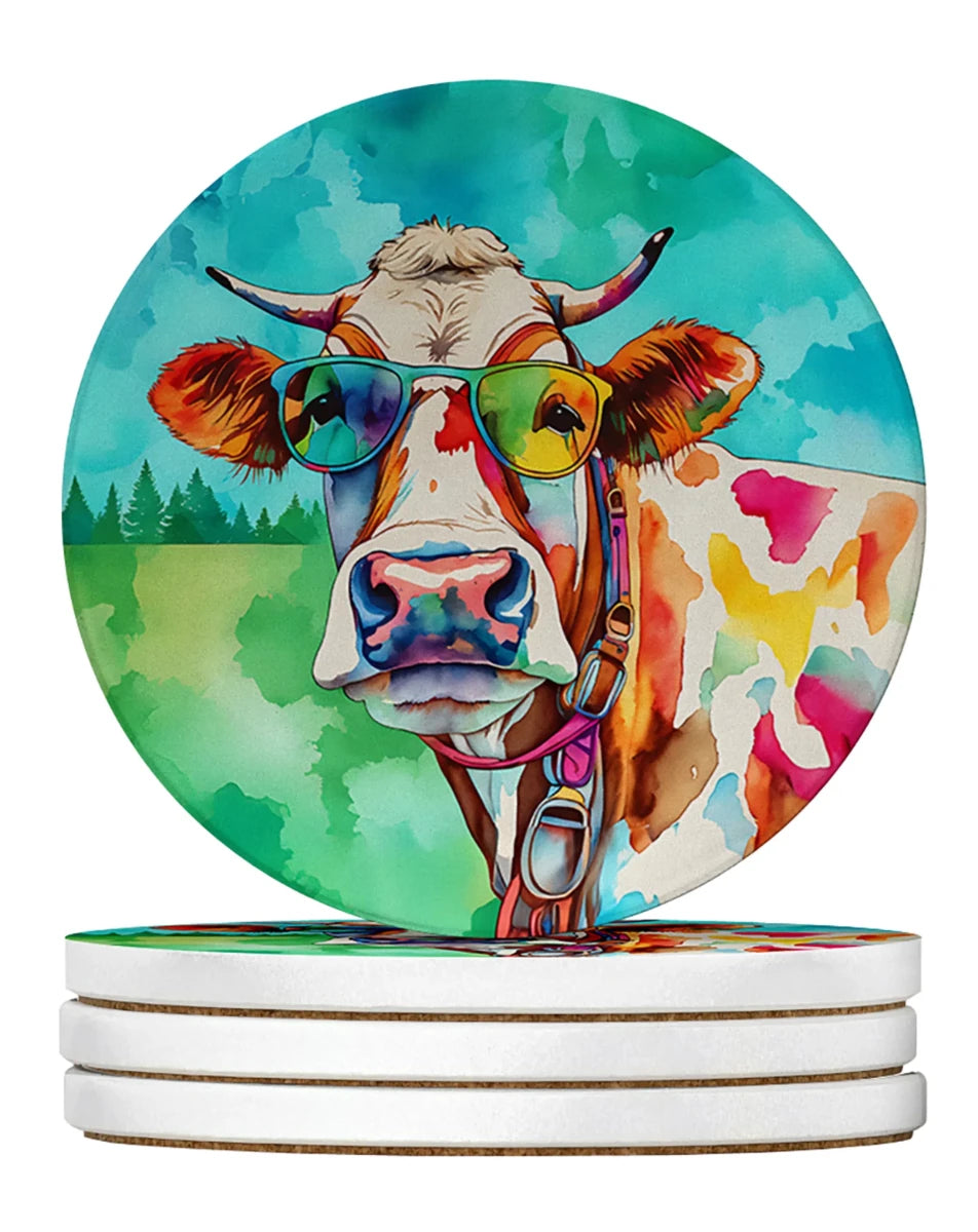 Hippie Animals Large Sandstone Coasters, 4/Cow 3995, view 13