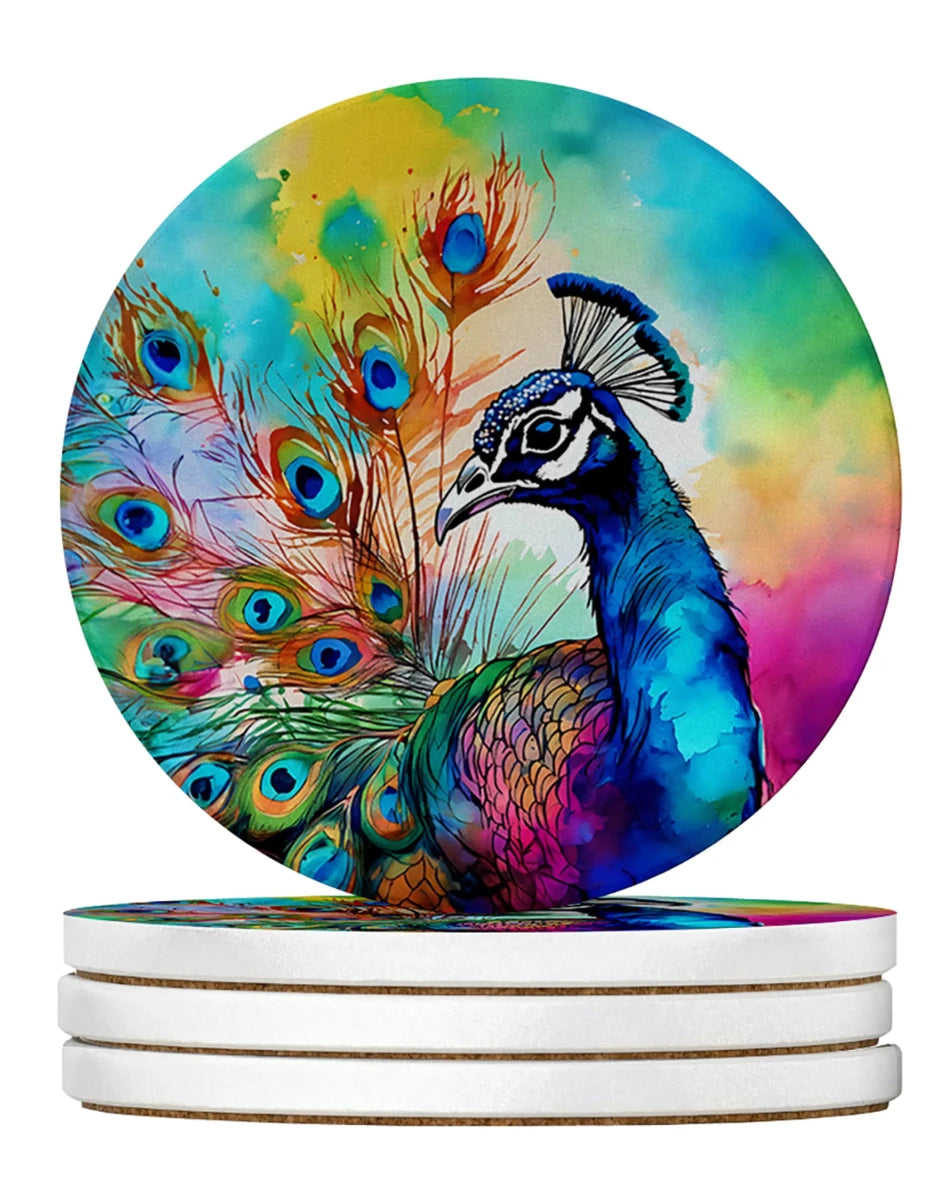 Hippie Animals Large Sandstone Coasters, 4/Peacock 4021, view 62