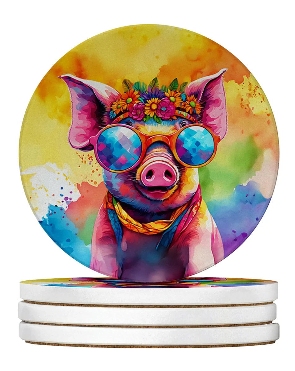 Hippie Animals Large Sandstone Coasters, 4/Pig 4025, view 66