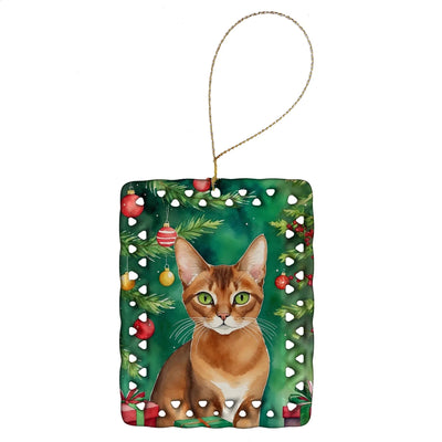 Cat By Christmas Tree Porcelain Ornament, 1/Abyssinian cat