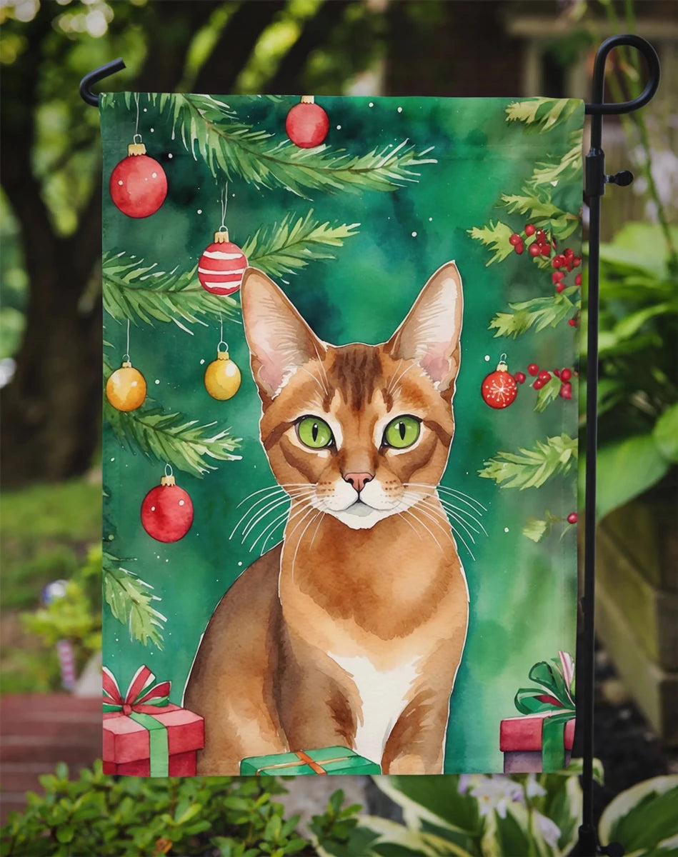 Cat By Christmas Tree Decorative Flag, view 104