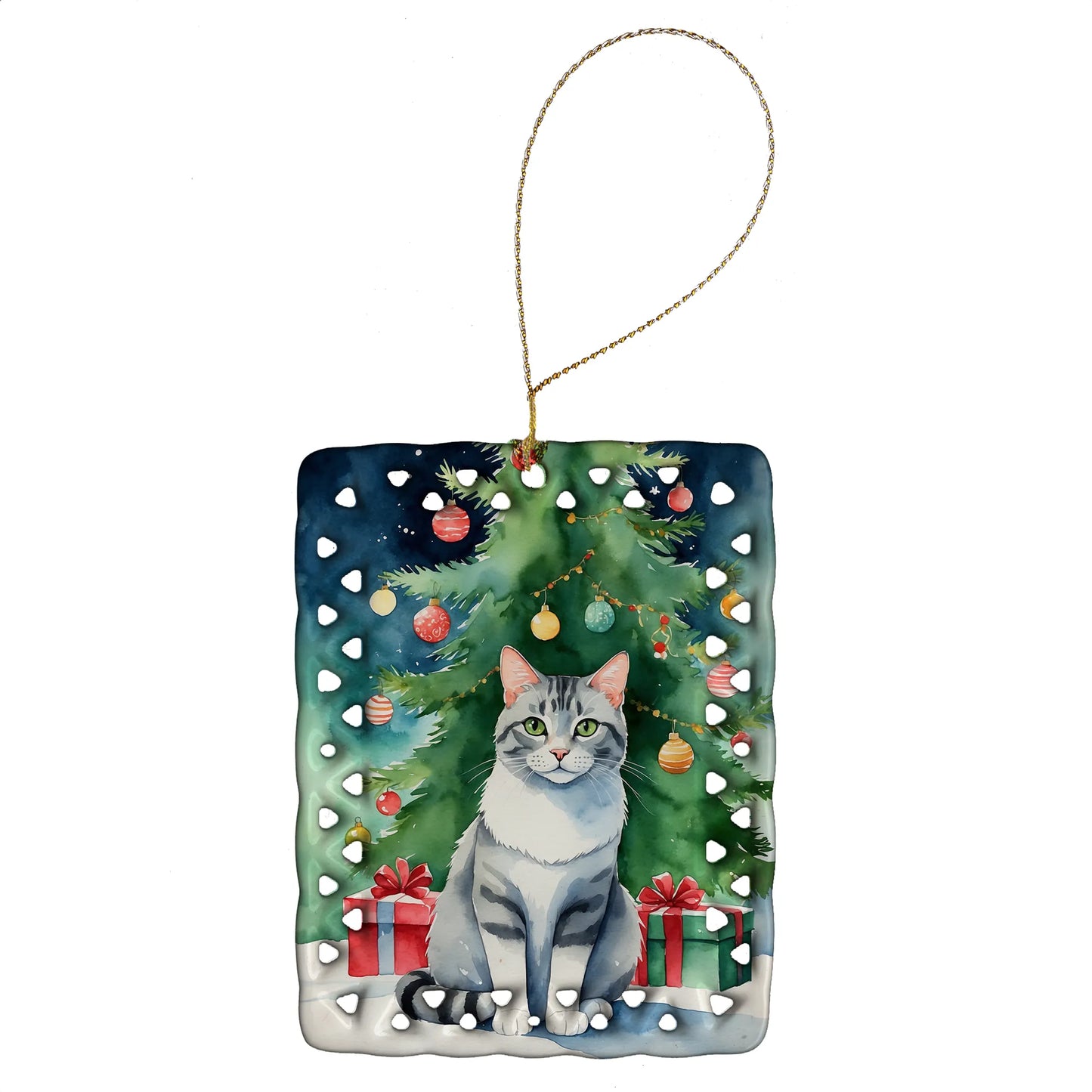 Cat By Christmas Tree Porcelain Ornament