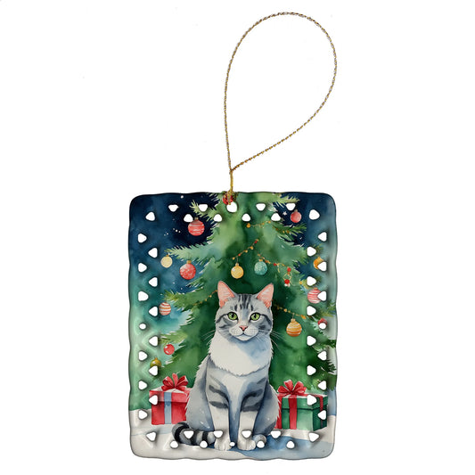 Cat By Christmas Tree Porcelain Ornament