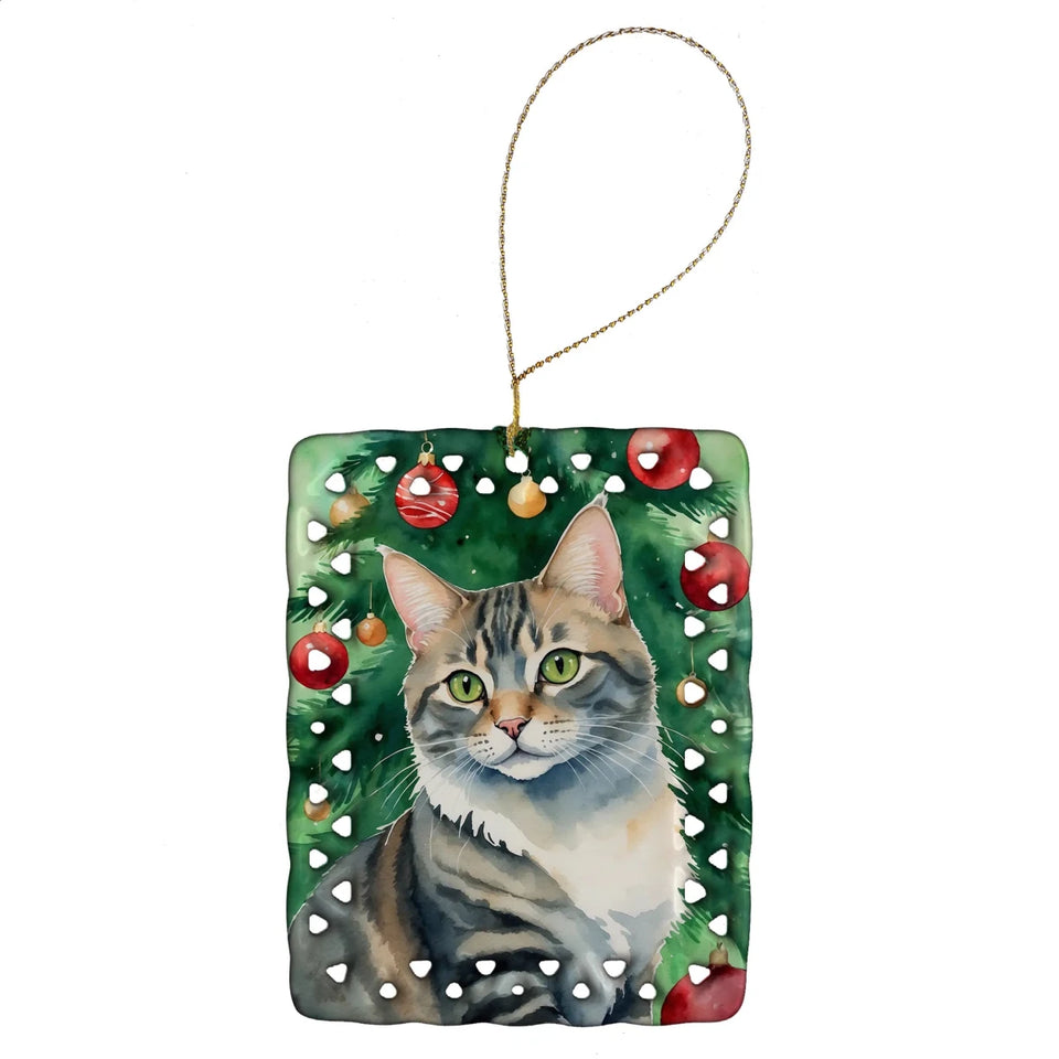 Cat By Christmas Tree Porcelain Ornament, view 92