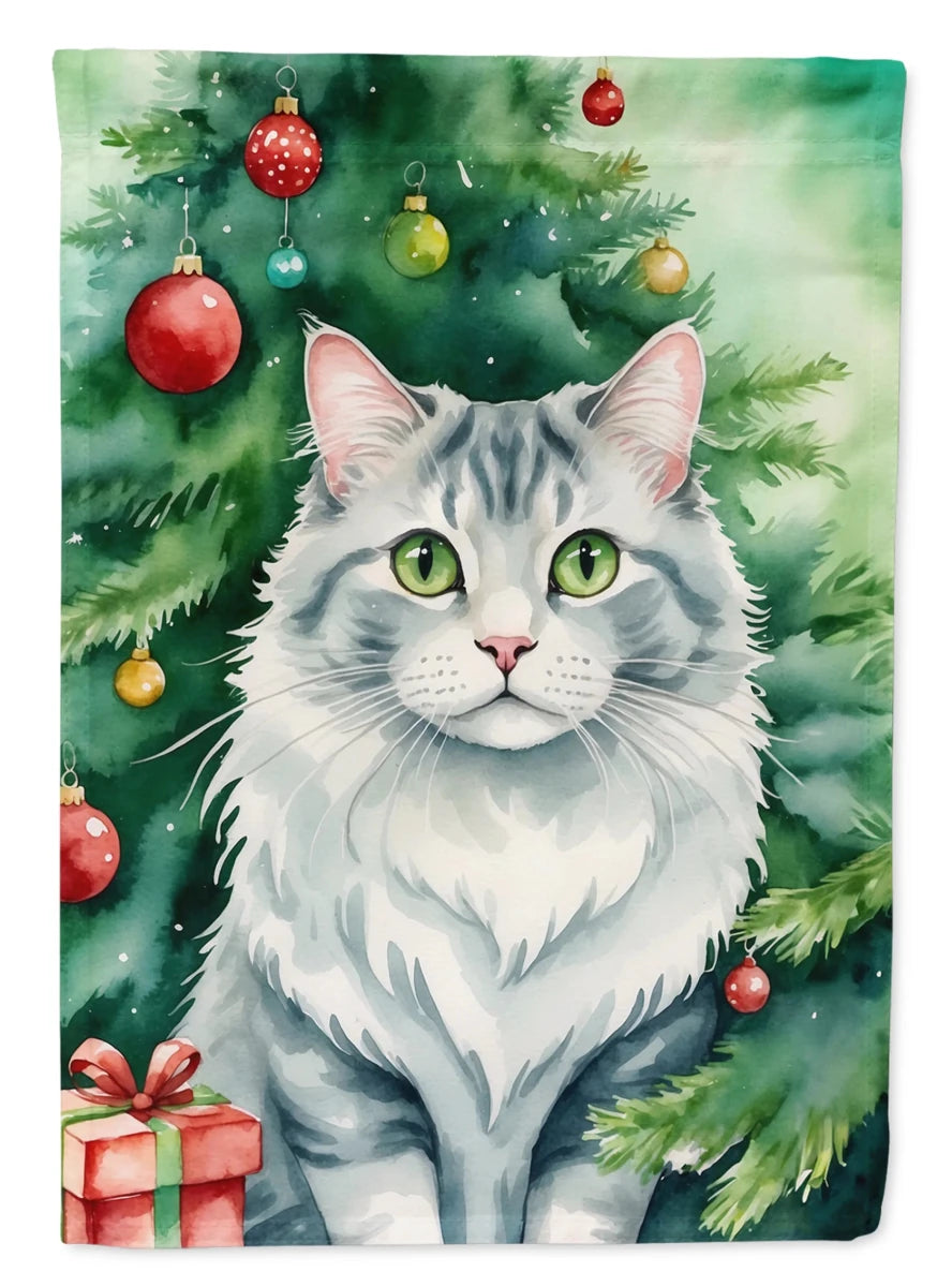 Cat By Christmas Tree Decorative Flag, GARDEN SIZE/American polydactyl cat, view 9