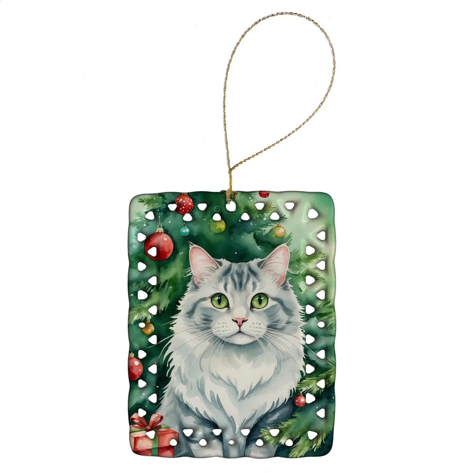 Cat By Christmas Tree Porcelain Ornament, 1/American polydactyl cat, view 5