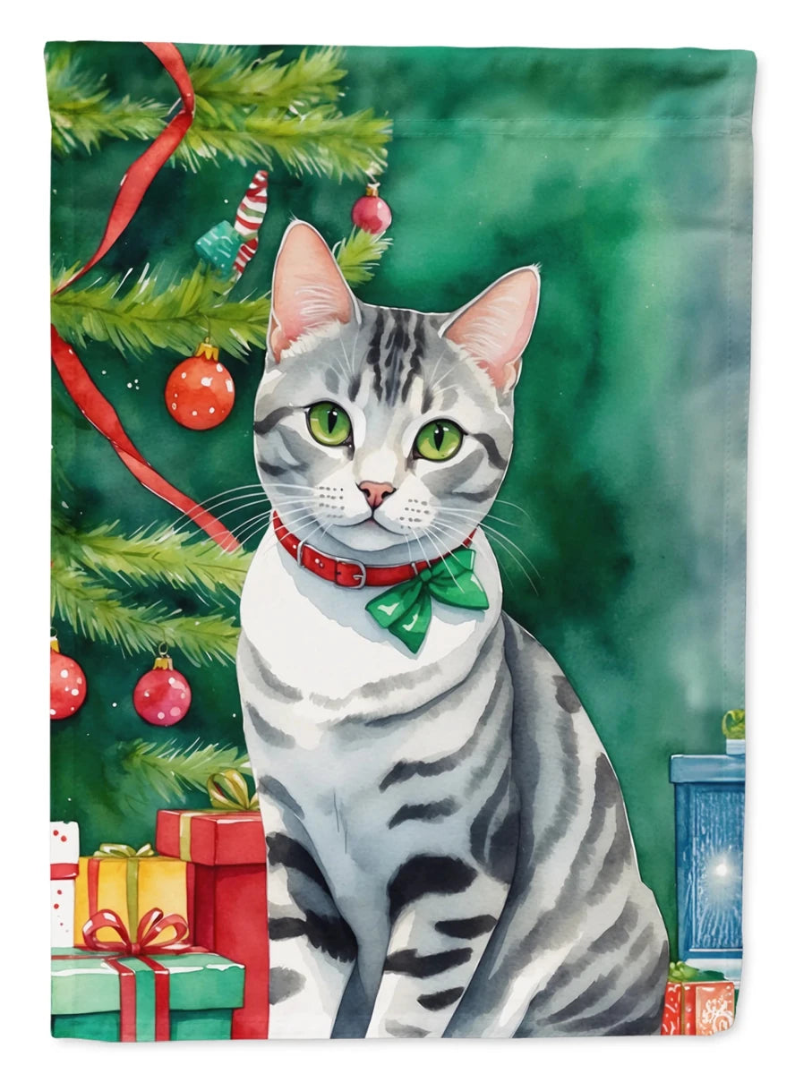 Cat By Christmas Tree Decorative Flag, GARDEN SIZE/American wirehair cat, view 13