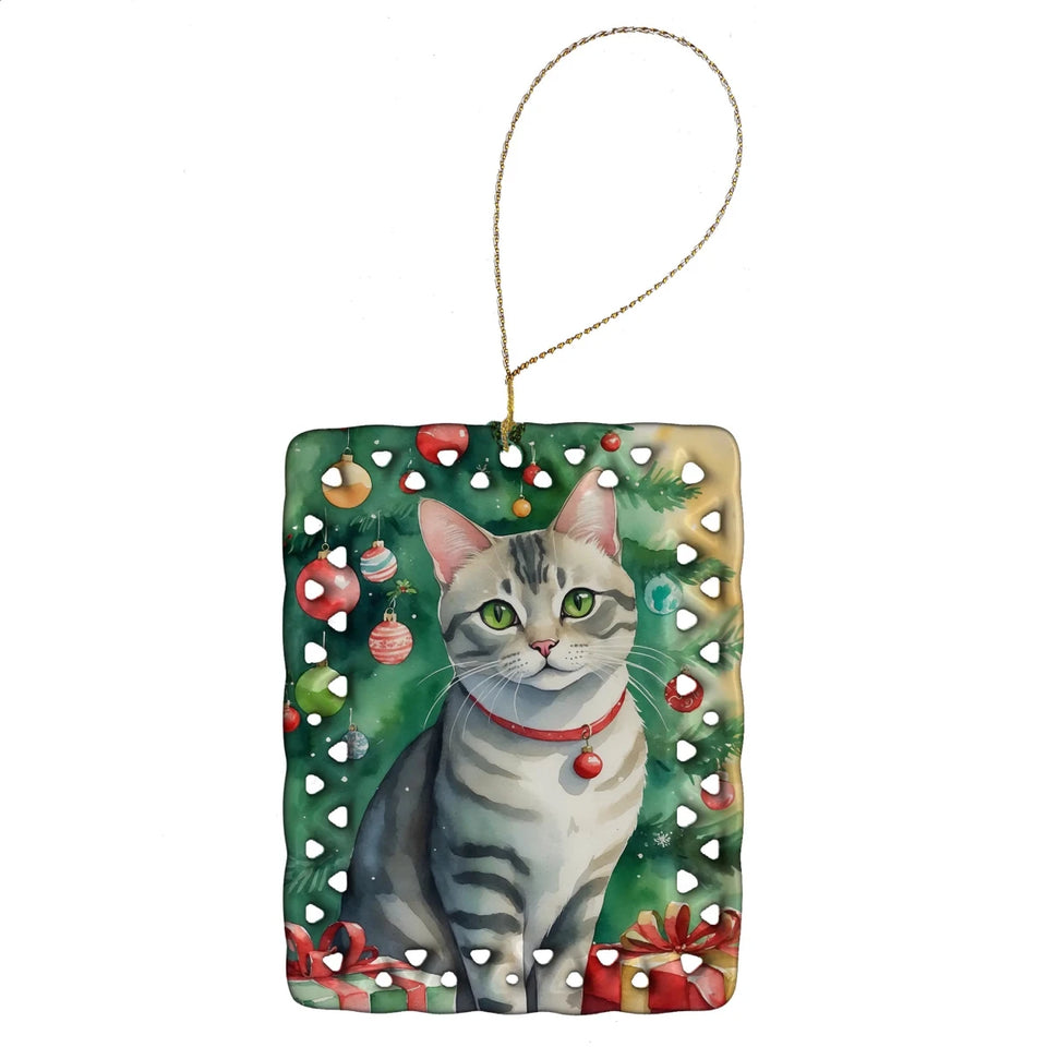 Cat By Christmas Tree Porcelain Ornament, 1/Australian mist cat, view 10