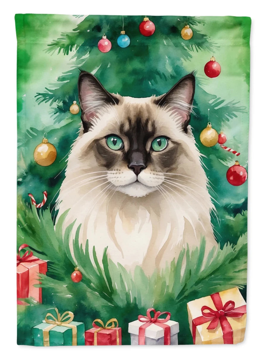 Cat By Christmas Tree Decorative Flag, GARDEN SIZE/Bengal cat, view 23